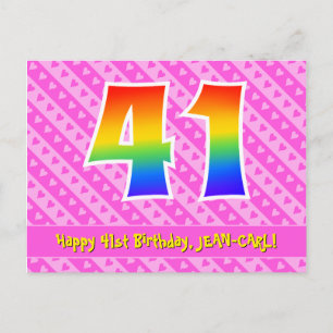 41st Birthday: Pink Stripes & Hearts, Rainbow 41 Postcard