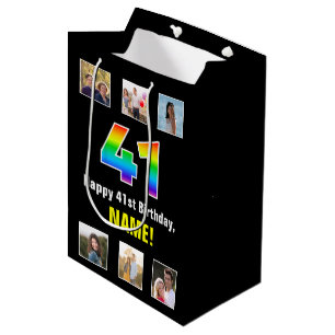 41st Birthday: Rainbow “41“, Custom Photos & Name Medium Gift Bag