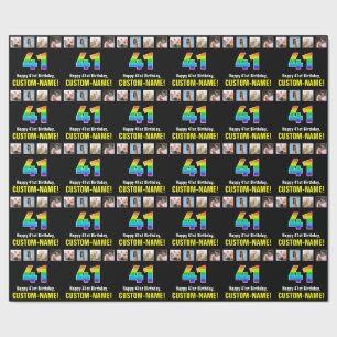 41st Birthday: Rainbow “41“; Custom Photos & Name Wrapping Paper