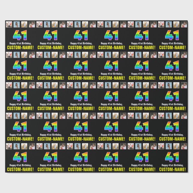 41st Birthday: Rainbow “41“; Custom Photos & Name Wrapping Paper (Seam)