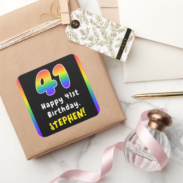 41st Birthday: Rainbow Spectrum # 41, Custom Name Square Sticker (Gifting)