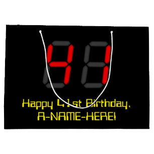41st Birthday: Red Digital Clock Style "41" + Name Large Gift Bag