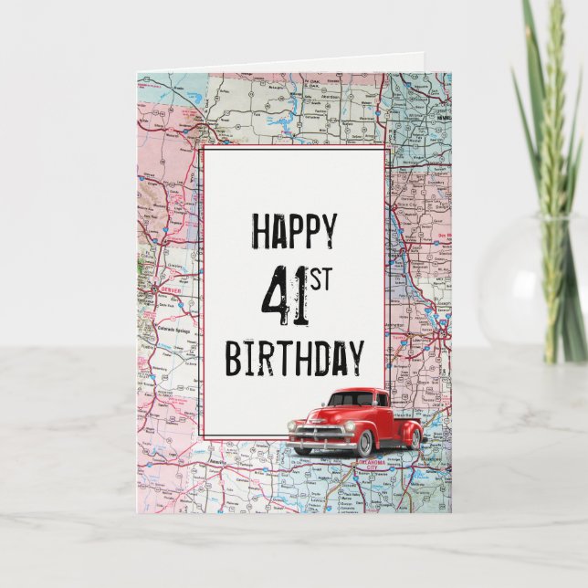 41st Birthday Red Retro Truck on Map  Card (Front)