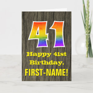 41st Birthday: Rustic Faux Wood Look, Rainbow "41" Card