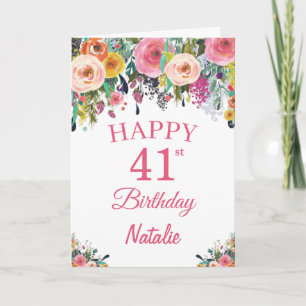 41st Birthday Watercolor Floral Flowers Pink Card