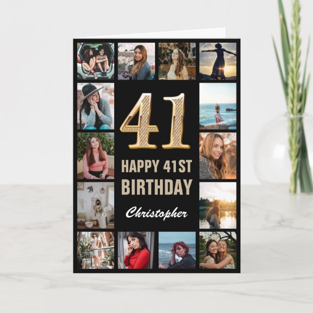 41st Happy Birthday Black and Gold Photo Collage Card (Front)