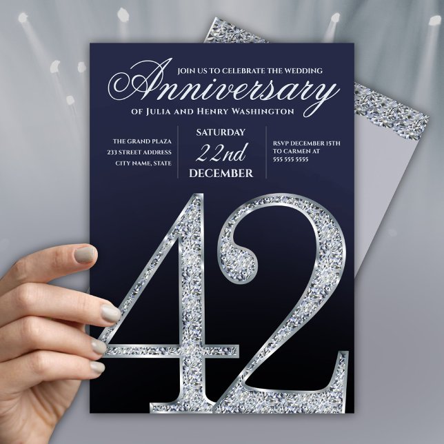 42nd Anniversary Diamond Silver Navy Blue Invitation (Creator Uploaded)