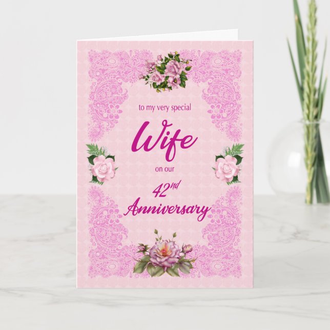 42nd Anniversary for Wife with Pink Roses Card (Front)