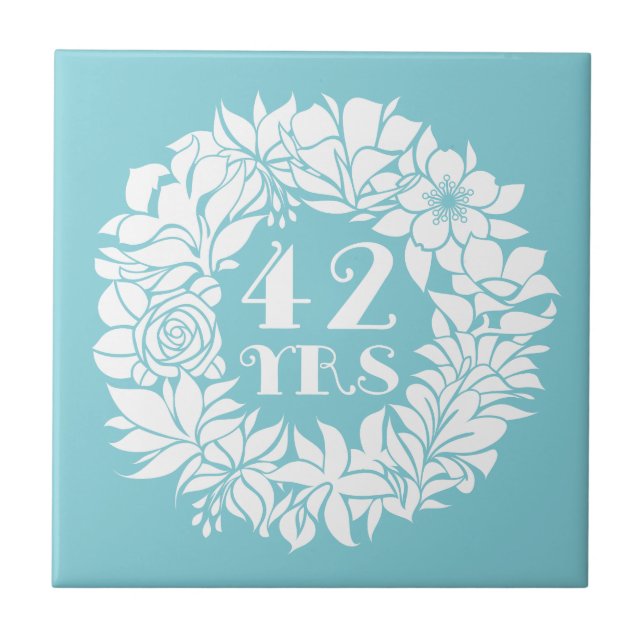 42nd Anniversary White Floral Wreath Keepsake Gift Tile (Front)