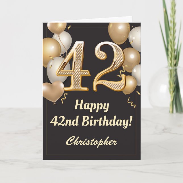 42nd Birthday Black and Gold Balloons Confetti Card (Front)