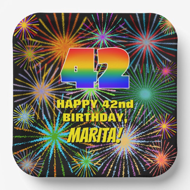 42nd Birthday: Colourful, Fun Celebratory Firework Paper Plate (Front)
