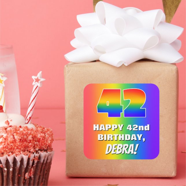 42nd Birthday: Colourful, Fun Rainbow Pattern # 42 Square Sticker (Party)