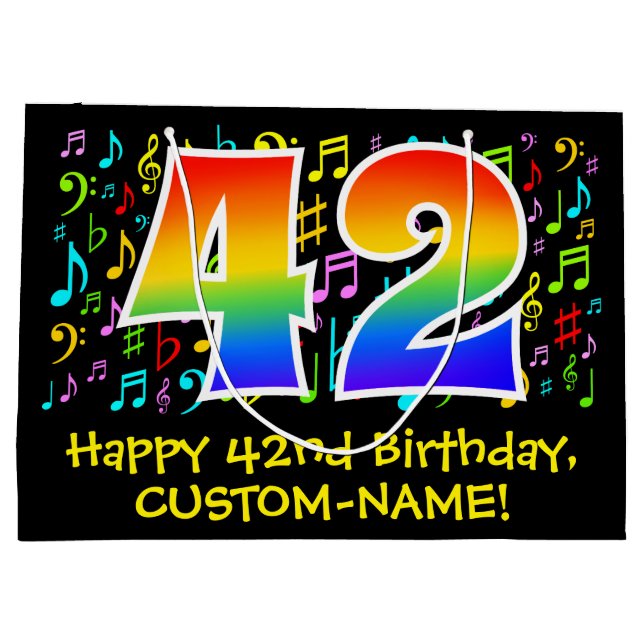 42nd Birthday - Colourful Music Symbols, Rainbow 4 Large Gift Bag (Back)