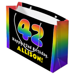 42nd Birthday: Colourful Rainbow # 42, Custom Name Large Gift Bag