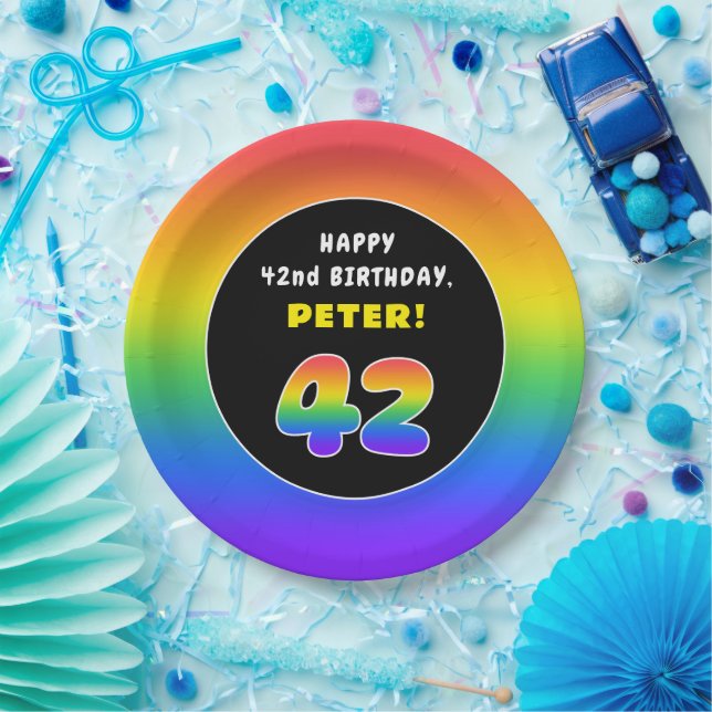42nd Birthday: Colourful Rainbow # 42, Custom Name Paper Plate (Party)