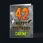 42nd Birthday: Eerie Halloween Theme   Custom Name Card<br><div class="desc">The front of this scary and spooky Hallowe’en themed birthday greeting card design features a large number “42”. It also features the message “HAPPY BIRTHDAY, ”, and an editable name. There are also depictions of a ghost and a bat on the front. The inside features a custom birthday greeting message,...</div>