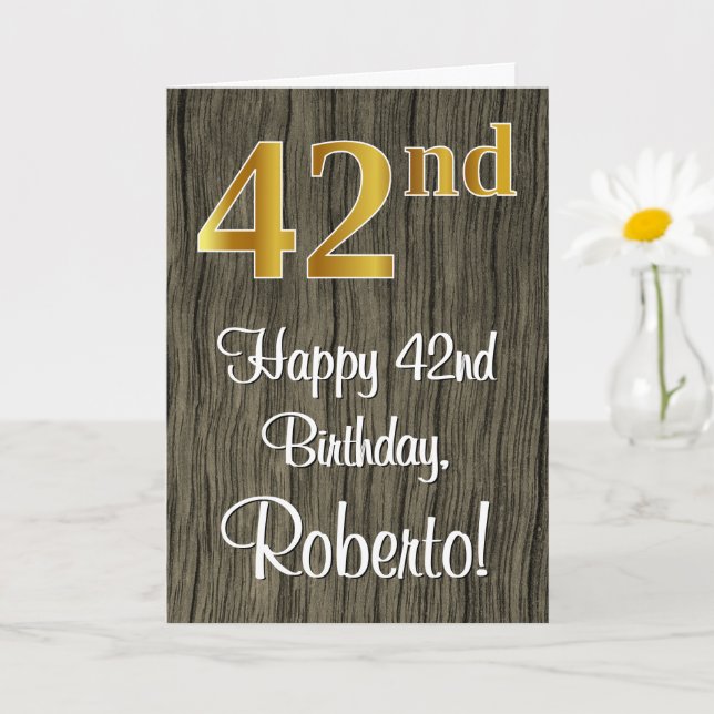 42nd Birthday: Elegant Faux Gold Look #, Faux Wood Card (Small Plant)