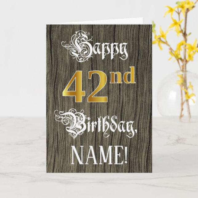 42nd Birthday: Faux Gold Look + Faux Wood Pattern Card (Yellow Flower)