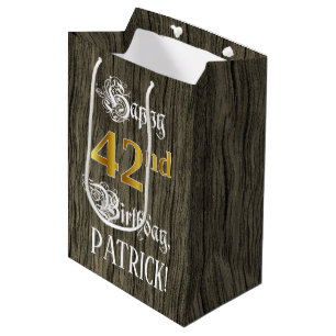 42nd Birthday: Faux Gold Look & Faux Wood Pattern Medium Gift Bag