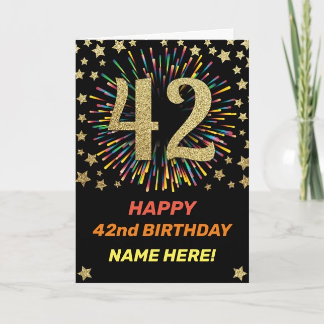 42nd Birthday Fireworks Rainbow Gold Fun Card (Front)