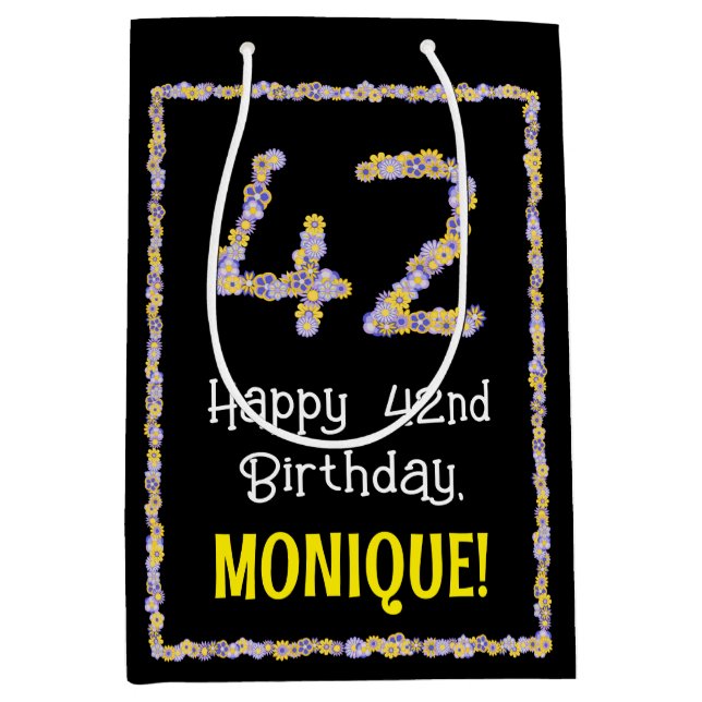 42nd Birthday: Floral Flowers Number, Custom Name Medium Gift Bag (Front)