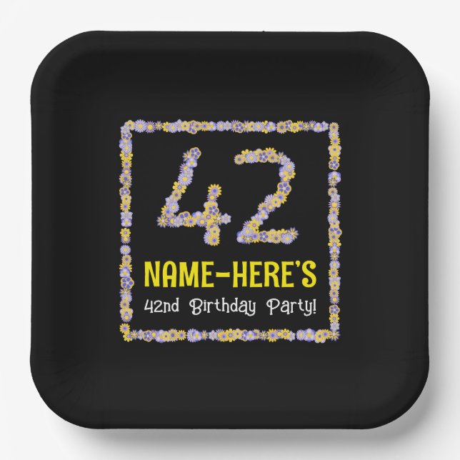 42nd Birthday: Floral Flowers Number, Custom Name Paper Plate (Front)