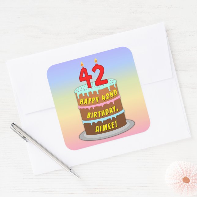 42nd Birthday: Fun Cake and Candles + Custom Name Square Sticker (Envelope)