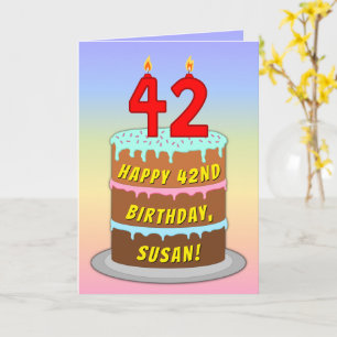 42nd Birthday — Fun Cake & Candles, w/ Custom Name Card