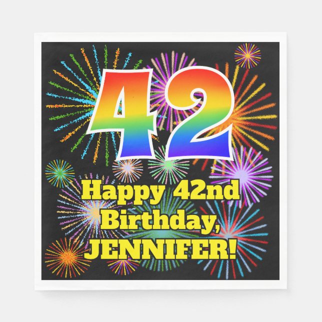 42nd Birthday: Fun Fireworks Pattern + Rainbow 42 Napkin (Front)
