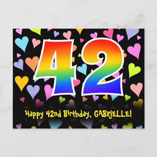 42nd Birthday: Fun Hearts Pattern, Rainbow 42 Postcard (Front)