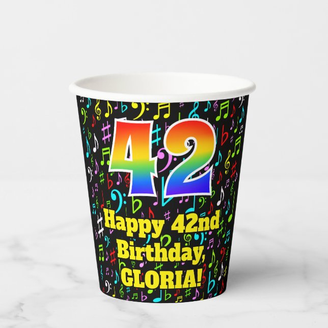 42nd Birthday: Fun Music Notes Pattern, Rainbow 42 Paper Cups (Front)