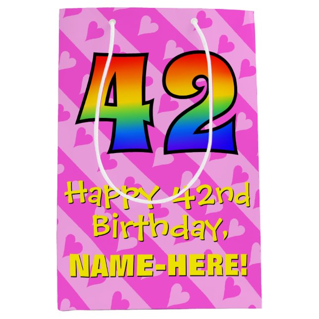 42nd Birthday: Fun Pink Hearts Stripes; Rainbow 42 Medium Gift Bag (Front)
