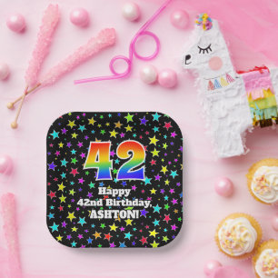 42nd Birthday: Fun Stars Pattern and Rainbow “42” Paper Plate