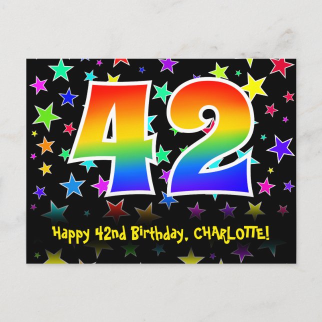 42nd Birthday: Fun Stars Pattern, Rainbow 42, Name Postcard (Front)