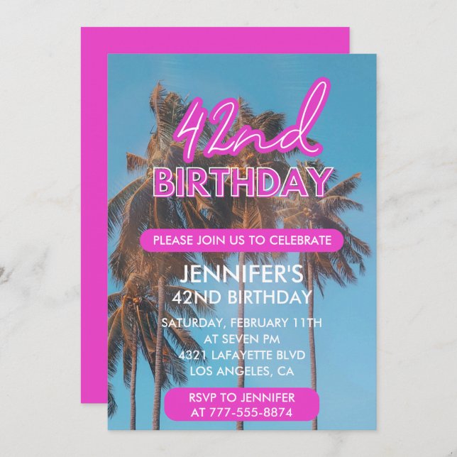42nd birthday invitation Summer Pink Palm tree (Front/Back)