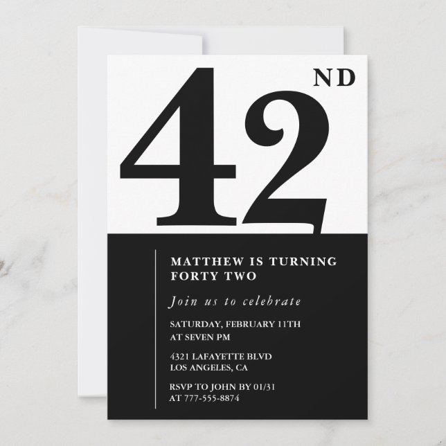 42nd birthday invitations Black and White Elegant (Front)