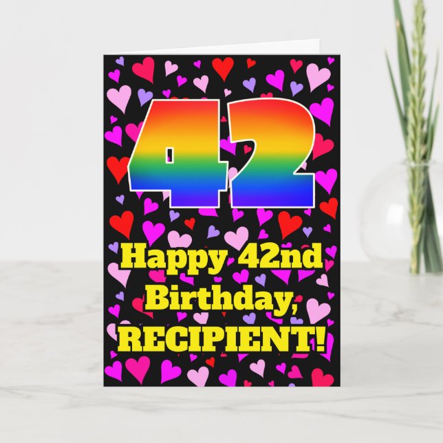 42nd Birthday: Loving Hearts Pattern, Rainbow # 42 Card (Front)