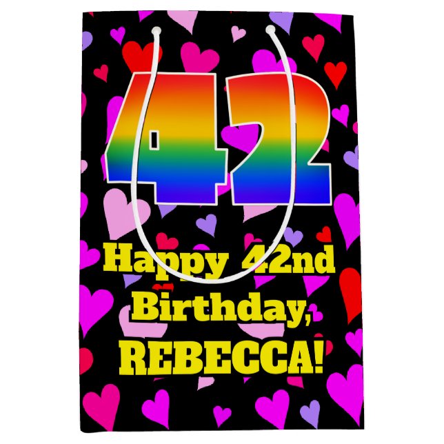 42nd Birthday: Loving Hearts Pattern, Rainbow # 42 Medium Gift Bag (Front)