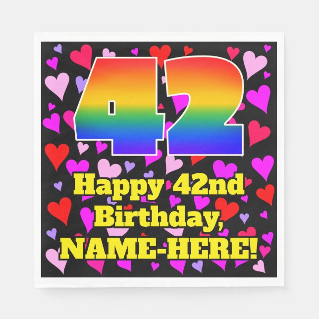 42nd Birthday: Loving Hearts Pattern, Rainbow # 42 Napkin (Front)