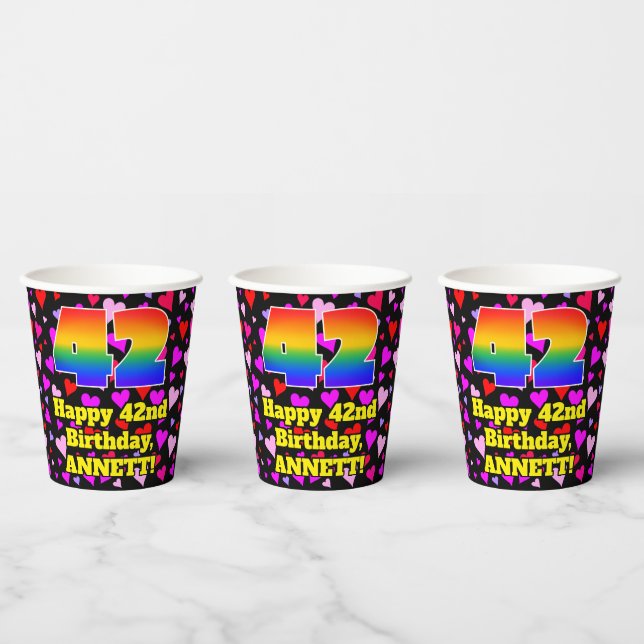 42nd Birthday: Loving Hearts Pattern, Rainbow 42 Paper Cups (Multi)
