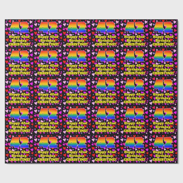 42nd Birthday: Loving Hearts Pattern, Rainbow # 42 Wrapping Paper (Flat)