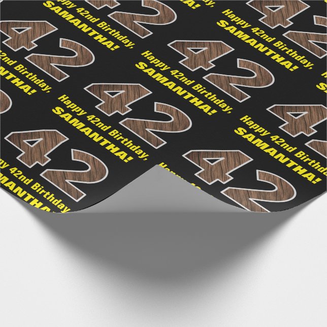 42nd Birthday: Name & Faux Wood Grain Pattern "42" Wrapping Paper (Corner)