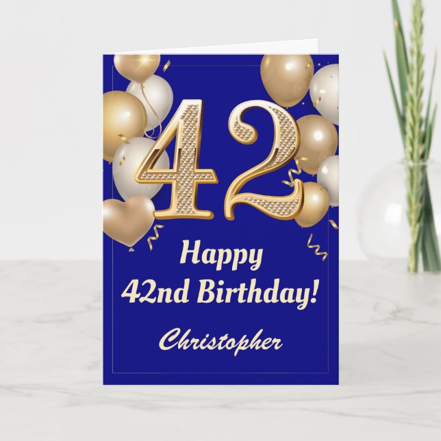 42nd Birthday Navy Blue and Gold Balloons Confetti Card (Front)