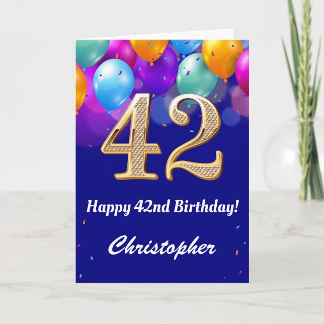 42nd Birthday Navy Blue and Gold Colourful Balloon Card (Front)