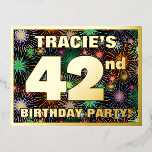 42nd Birthday Party: Bold, Colorful Fireworks Look Foil Invitation Postcard