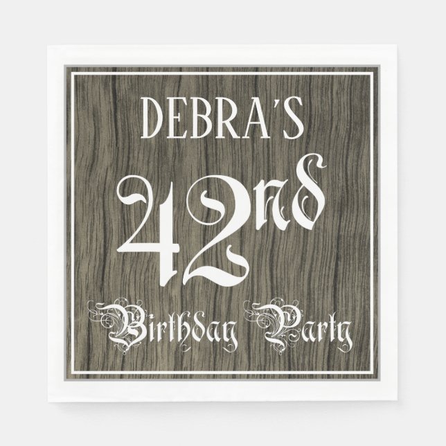 42nd Birthday Party — Fancy Script, Faux Wood Look Napkin (Front)