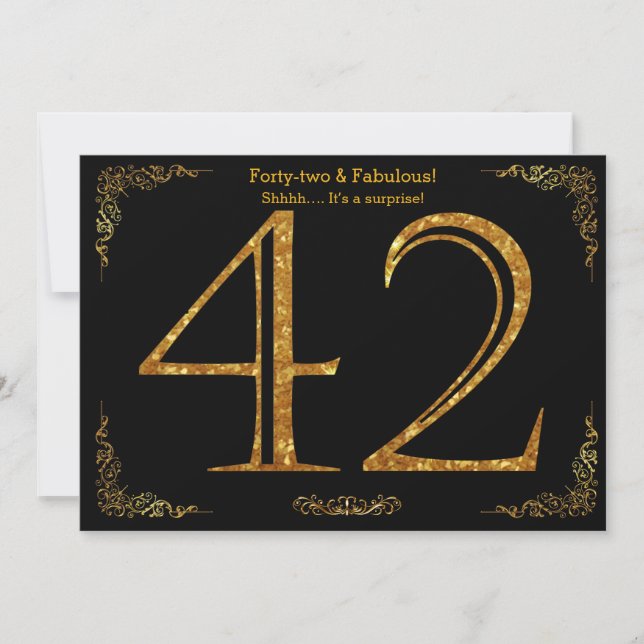 42nd Birthday party,Gatsby styl,black gold glitter Invitation (Front)