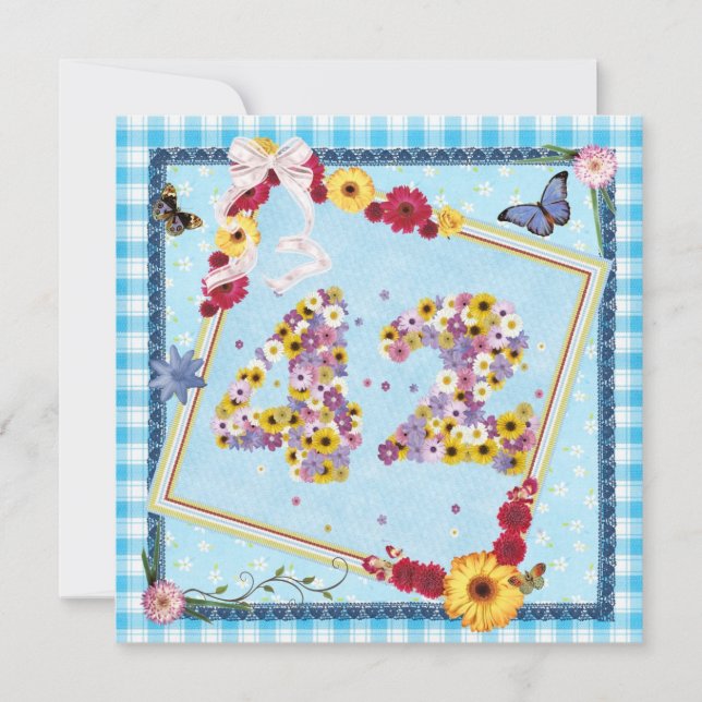 42nd Birthday party Invitation flowers,butterflies (Front)