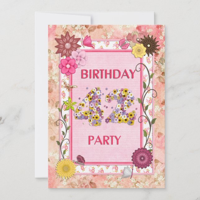 42nd birthday party invitation with floral frame (Front)
