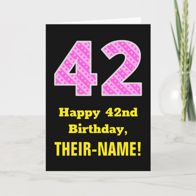 42nd Birthday: Pink Stripes and Hearts "42" + Name Card (Front)